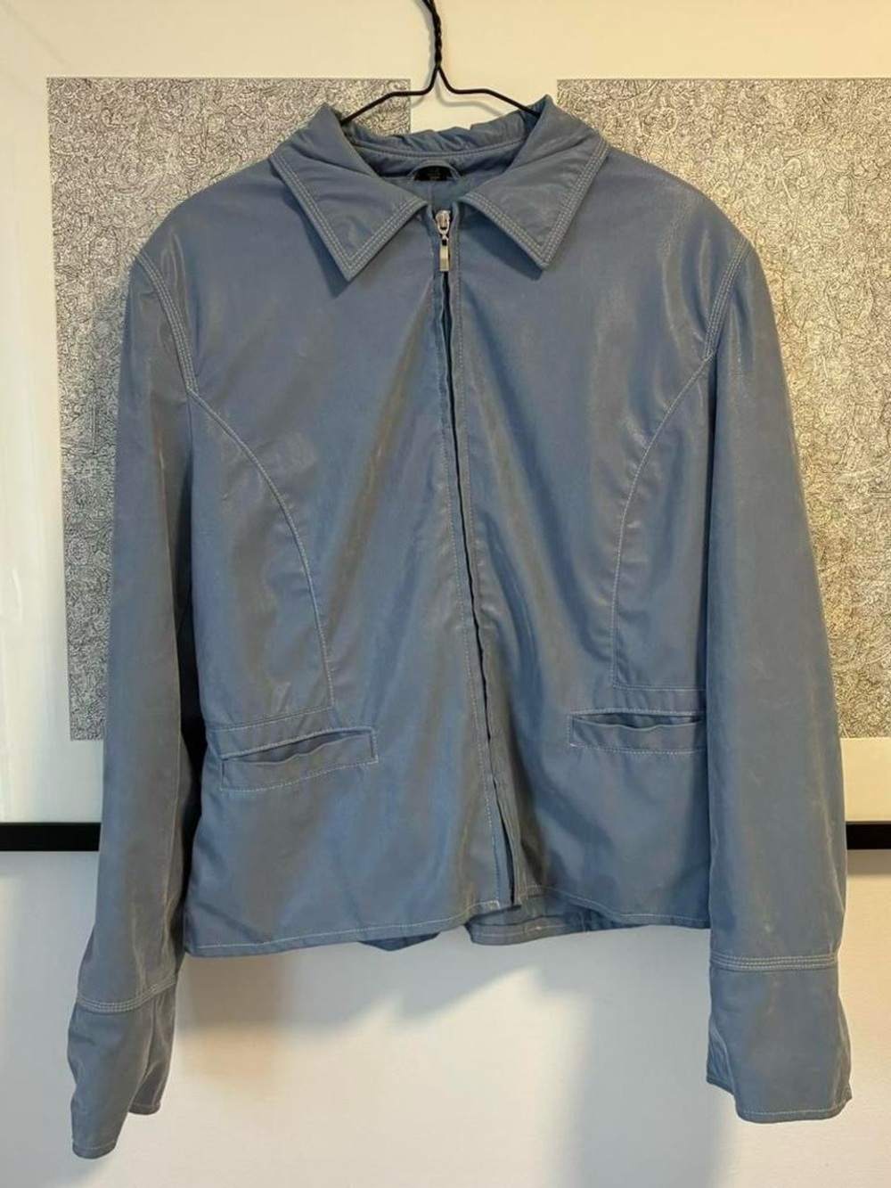 Classic Light Blue Leather Zip Jacket